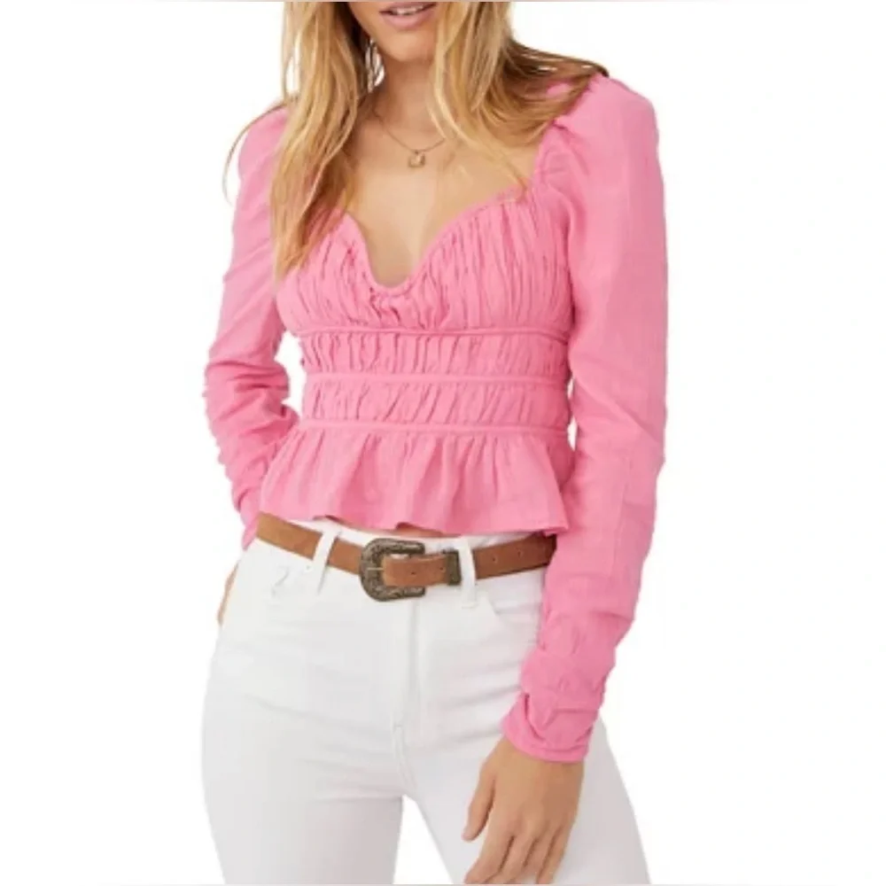 FREE PEOPLE Chloe Top in Aurora Pink Sz Sm ~ needs light repair